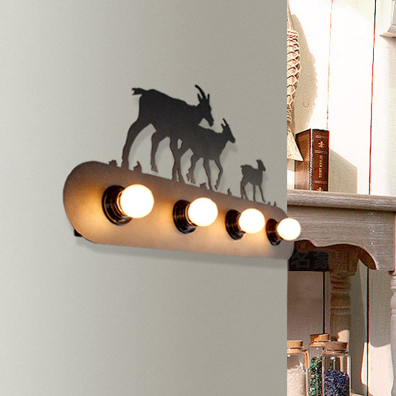 Frendorf | Lodge Open Bulb Wandlamp met Elkhert/Paard/Schaap/Berg/Windmolen/Boom Ontwerp 4 Gloeilampen Metalen Wandlamp in Zwart voor Binnen