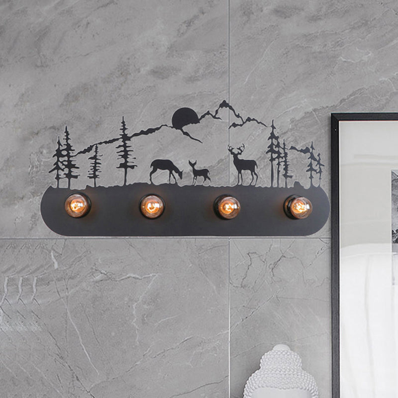 Frendorf | Lodge Open Bulb Wandlamp met Elkhert/Paard/Schaap/Berg/Windmolen/Boom Ontwerp 4 Gloeilampen Metalen Wandlamp in Zwart voor Binnen