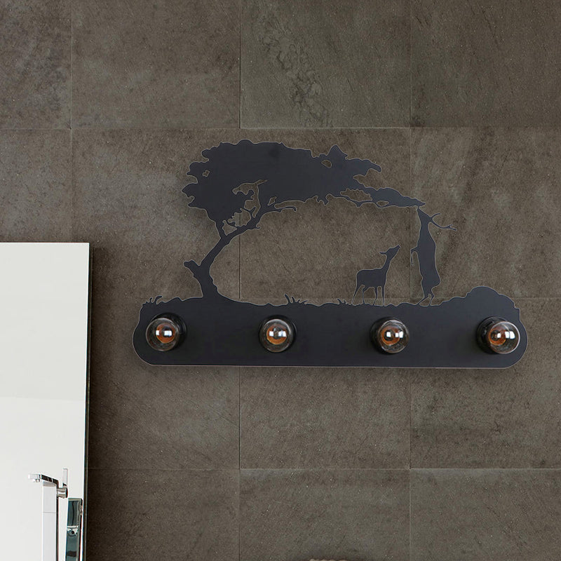 Frendorf | Lodge Open Bulb Wandlamp met Elkhert/Paard/Schaap/Berg/Windmolen/Boom Ontwerp 4 Gloeilampen Metalen Wandlamp in Zwart voor Binnen