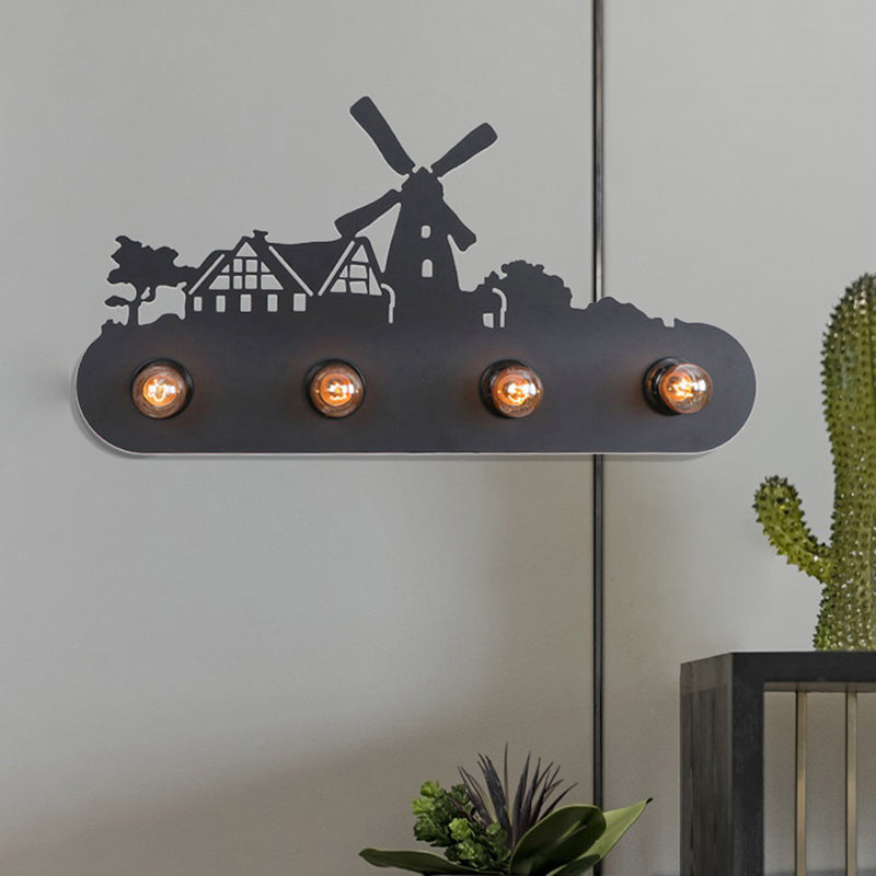 Frendorf | Lodge Open Bulb Wandlamp met Elkhert/Paard/Schaap/Berg/Windmolen/Boom Ontwerp 4 Gloeilampen Metalen Wandlamp in Zwart voor Binnen