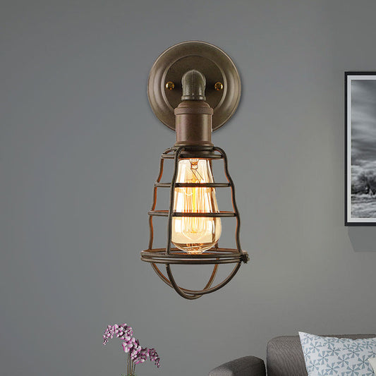 Frendorf | Rust Finish Mini Wandlamp mit Käfigschirm Antike Stil Eisen 1 Licht Bauernhaus Wandmontage Beleuchtung