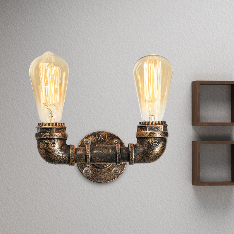 Frendorf | 2 Köpfe Metall Wandmontage Licht Industrie Schwarz/Antik Messing Wasserrohr Wohnzimmer Wandleuchte