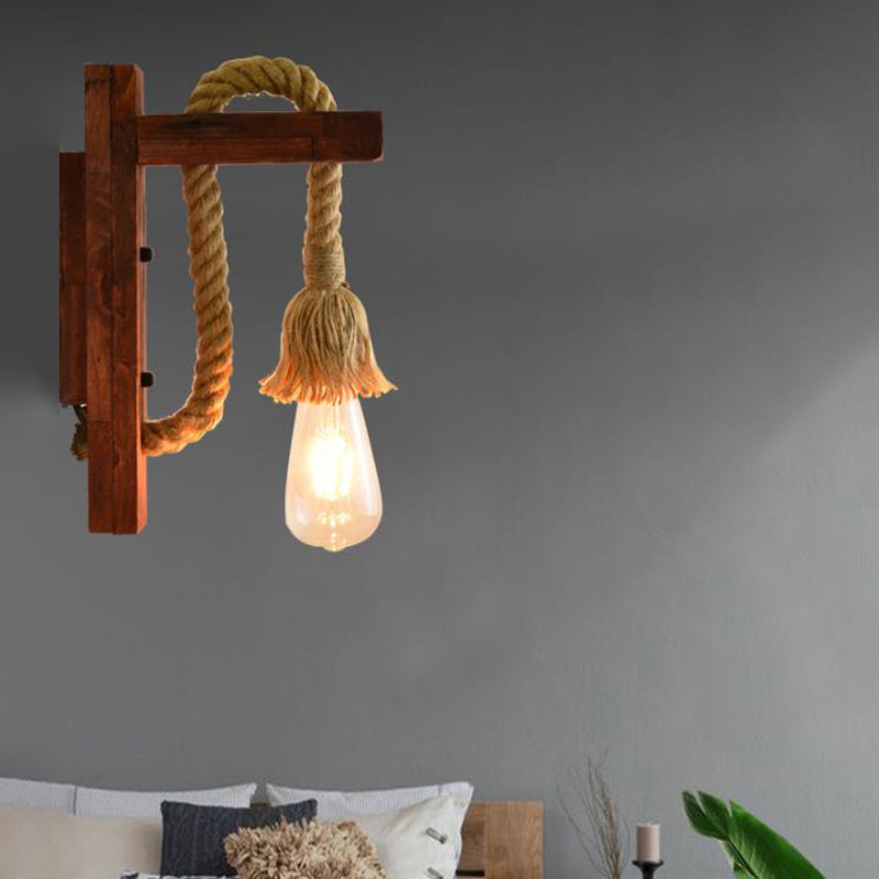 Frendorf | Rope Exposed Bulb Sconce Lighting Coastal 1 Licht Woonkamer Wandlamp in Rood/Bruin/Hout