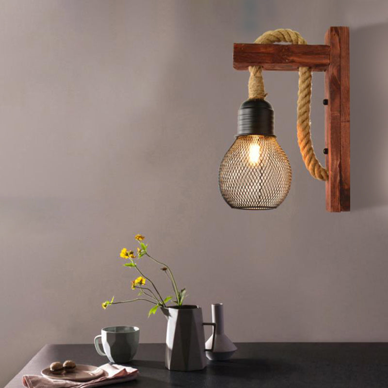 Frendorf | Rope Exposed Bulb Sconce Lighting Coastal 1 Licht Woonkamer Wandlamp in Rood/Bruin/Hout