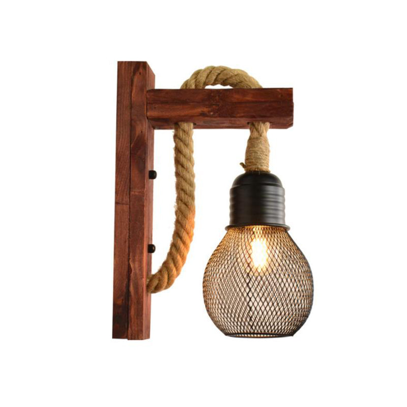 Frendorf | Rope Exposed Bulb Sconce Lighting Coastal 1 Licht Woonkamer Wandlamp in Rood/Bruin/Hout