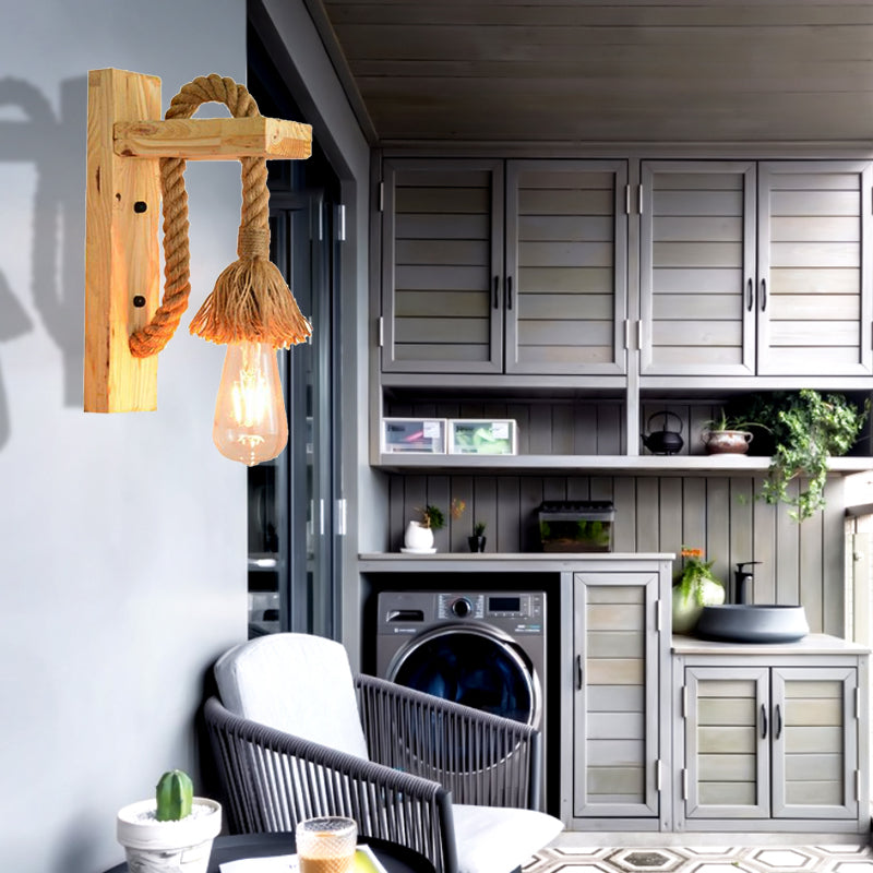 Frendorf | Rope Exposed Bulb Sconce Lighting Coastal 1 Licht Woonkamer Wandlamp in Rood/Bruin/Hout