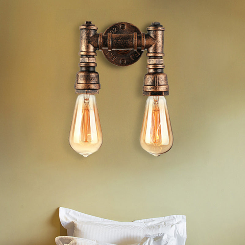 Frendorf | Industriële Bare Bulb Wandlamp Verlichting met Waterpijp 2 Lichten Metallic Wandgemonteerde Lamp in Zwart/Antiek Messing