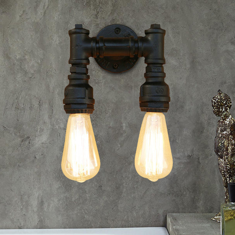 Frendorf | Industriële Bare Bulb Wandlamp Verlichting met Waterpijp 2 Lichten Metallic Wandgemonteerde Lamp in Zwart/Antiek Messing