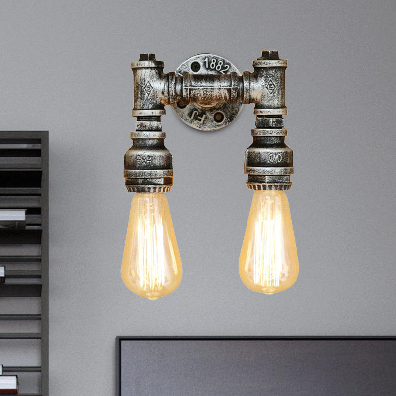 Frendorf | Industriële Bare Bulb Wandlamp Verlichting met Waterpijp 2 Lichten Metallic Wandgemonteerde Lamp in Zwart/Antiek Messing