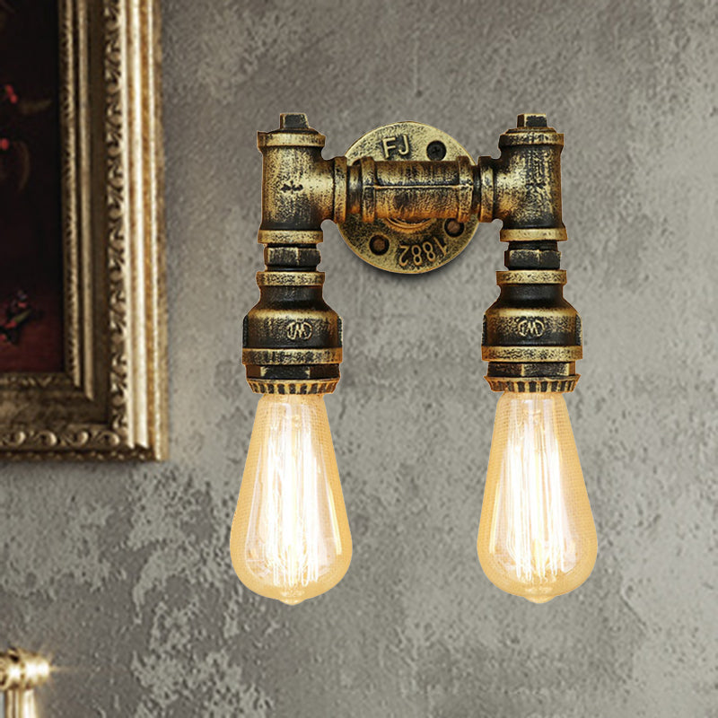 Frendorf | Industriële Bare Bulb Wandlamp Verlichting met Waterpijp 2 Lichten Metallic Wandgemonteerde Lamp in Zwart/Antiek Messing