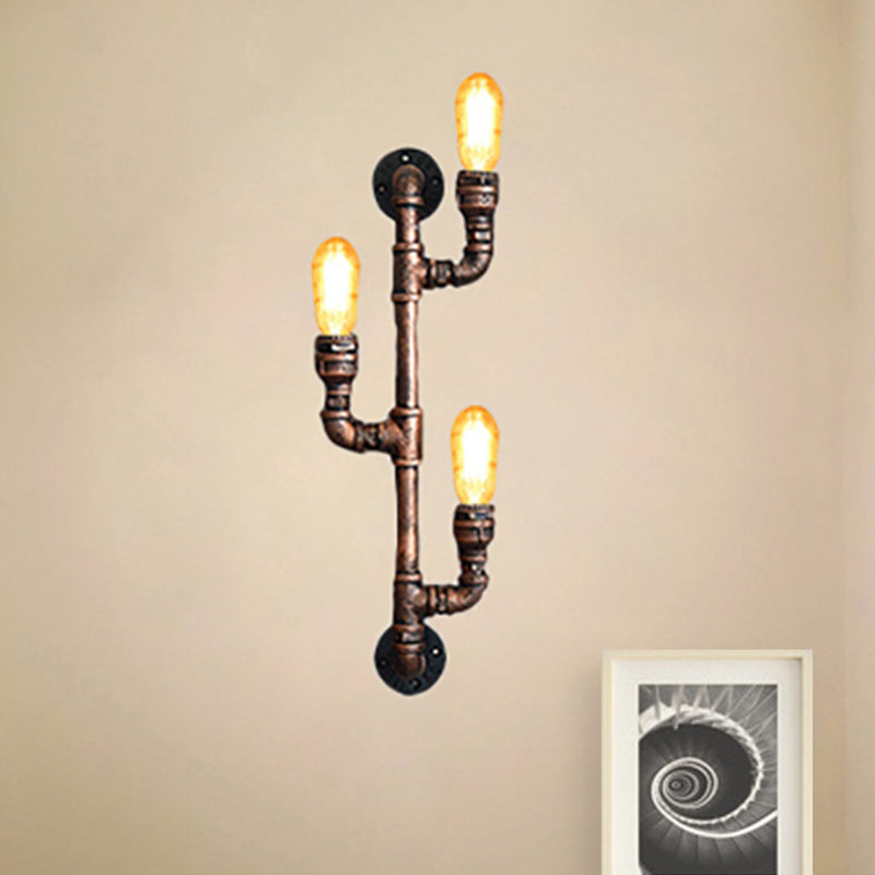Frendorf | Warehouse Waterpijp Wandlamp met Blootgestelde Gloeilamp 2/3 Lichten IJzeren Wandlamp in Verweerd Koper