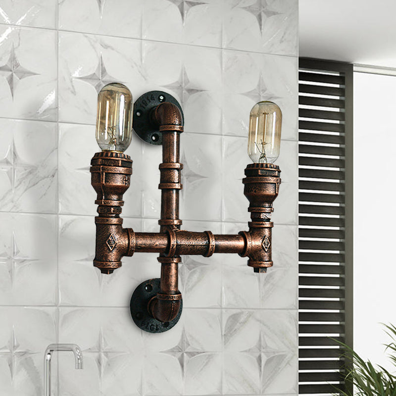 Frendorf | Warehouse Waterpijp Wandlamp met Blootgestelde Gloeilamp 2/3 Lichten IJzeren Wandlamp in Verweerd Koper