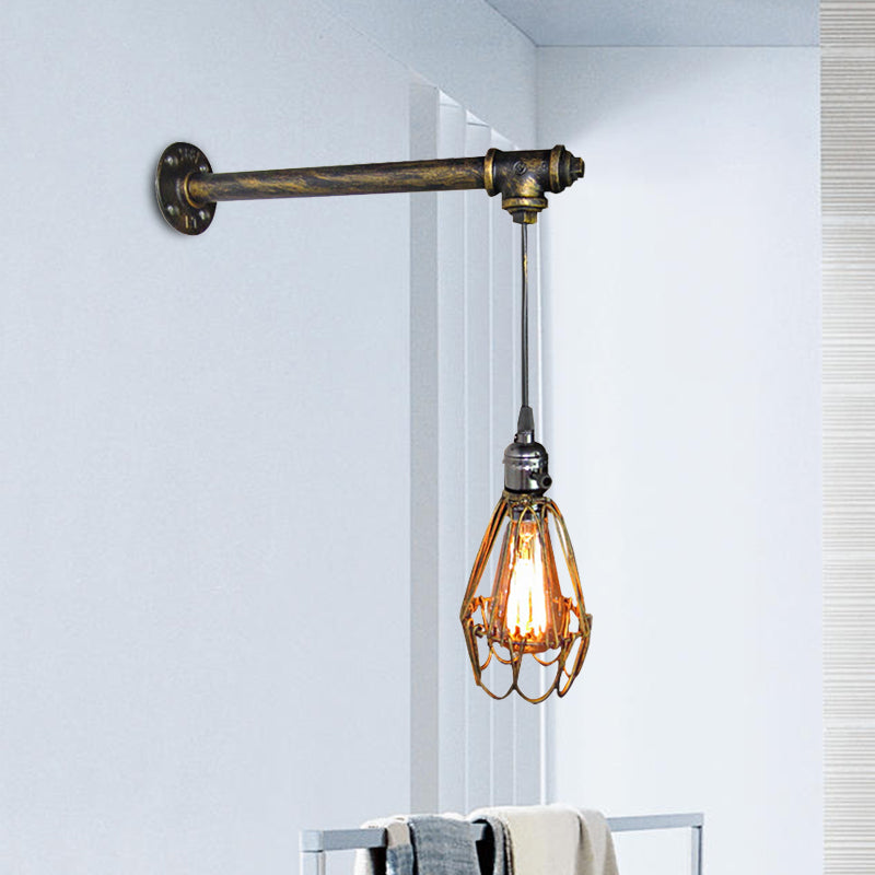 Frendorf | 1 Kopf Eisen Wandlampe Rustikaler Stil Antikes Messing Käfigschatten Esszimmer Wandleuchte mit Rohr