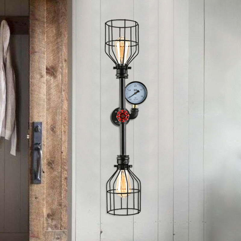 Frendorf | Metalen Kooi Schaduw Wandlamp Fixture Industrieel 2 Lampen Woonkamer Wandverlichting met Gauge en Pijp in Zwart