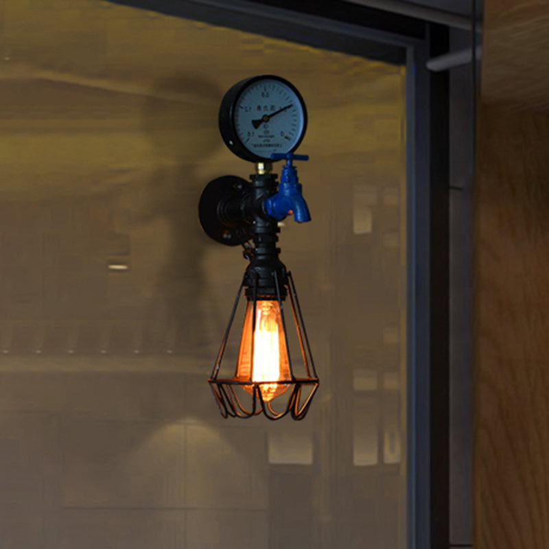 Frendorf | Industrielle Diamantkäfig Wandlampe 1 Licht Schmiedeeisen Wandbeleuchtung mit Messgerät und Wasserhahn in Silber/Blau