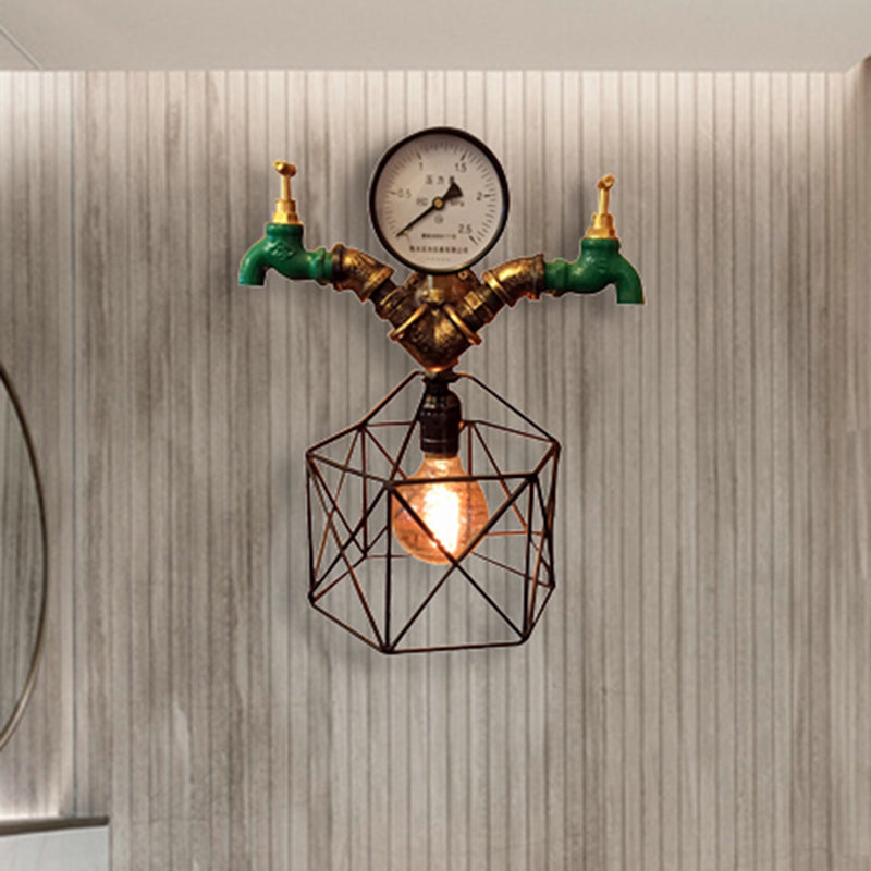 Frendorf | 1-licht Hexagon Cage Wandverlichting met Kraan en Druksensor Deco Industrieel Antiek Messing Metalen Wandlamp Licht