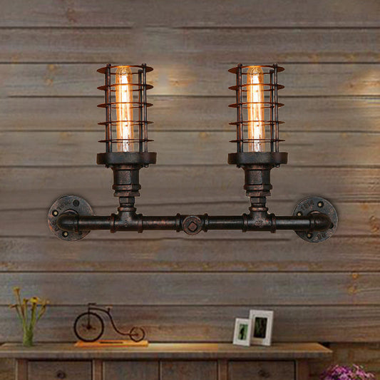 Frendorf | Steampunk Stil Zylinder Wandlampe mit Drahtgestell 2 Köpfen Eisen Wandleuchte in Gealtertem Bronze für Wohnzimmer