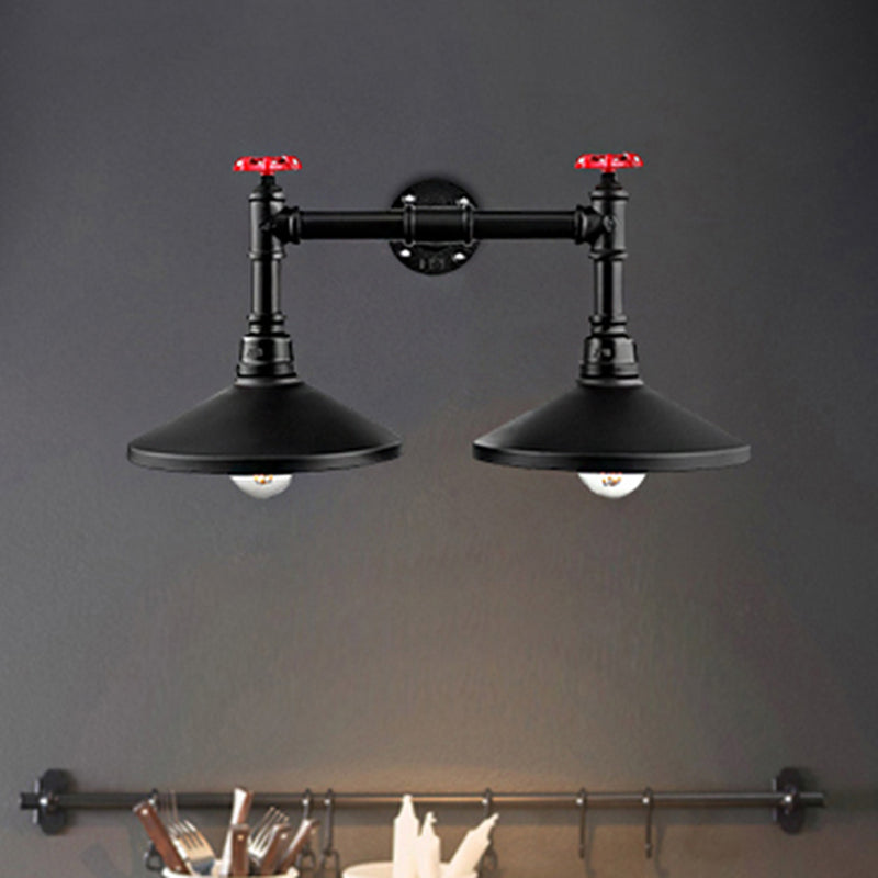Frendorf | Industrielle Kegel Wandlampe mit rohem Ventil 2 Köpfe Metall Wandleuchte in Schwarz für Flur