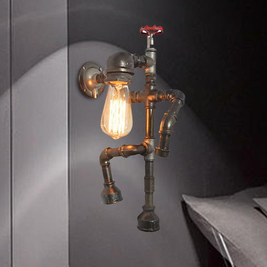 Frendorf | Bronze Finish Robot Sconce Light mit Expose Bulb und Red Valve Vintage Metallic 1 Head Flur Wandbeleuchtung