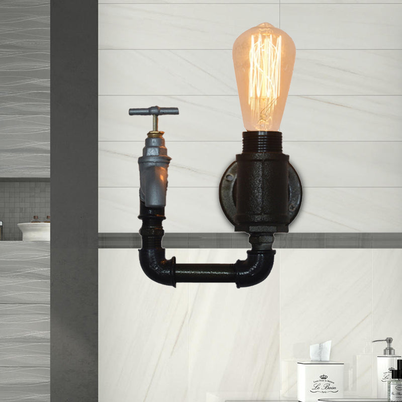 Frendorf | Schwarze Wasserrohr-Wandleuchte Industrielles Metall 1 Licht Wohnzimmer Mini Wandleuchte mit Druckmesser/Armatur Dekoration