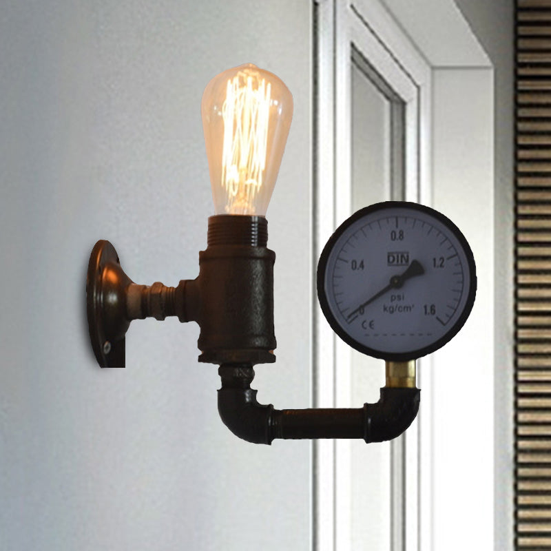 Frendorf | Schwarze Wasserrohr-Wandleuchte Industrielles Metall 1 Licht Wohnzimmer Mini Wandleuchte mit Druckmesser/Armatur Dekoration
