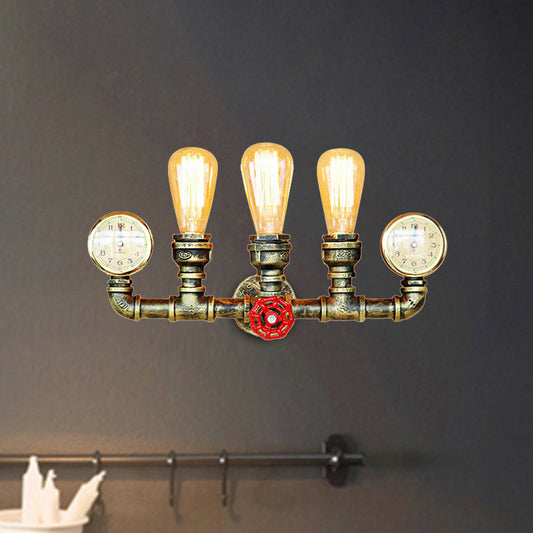 Frendorf | 3 Lichtröhren-Wandbeleuchtung mit Messgerät und Ventildekoration Rustikal Stilvolle Antike Messing Metall Wandmontage Licht