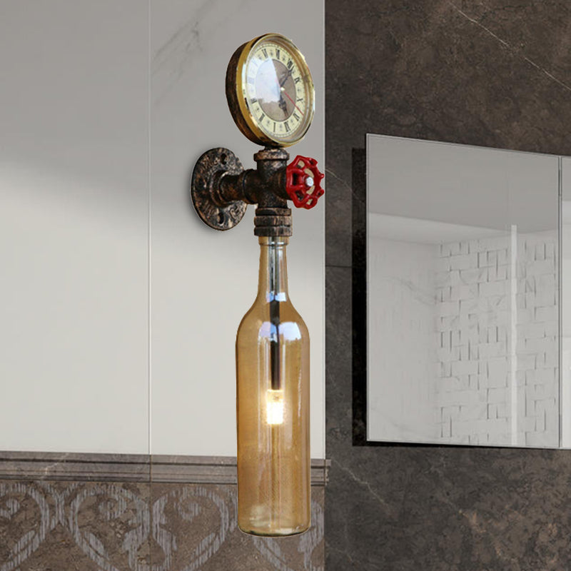 Frendorf | Braun/Blaue Flasche Wand Scone Lampe Vintage Stilvolle Glas 1 Glühbirne Wohnzimmer Wandbeleuchtung mit Manometer und Ventil