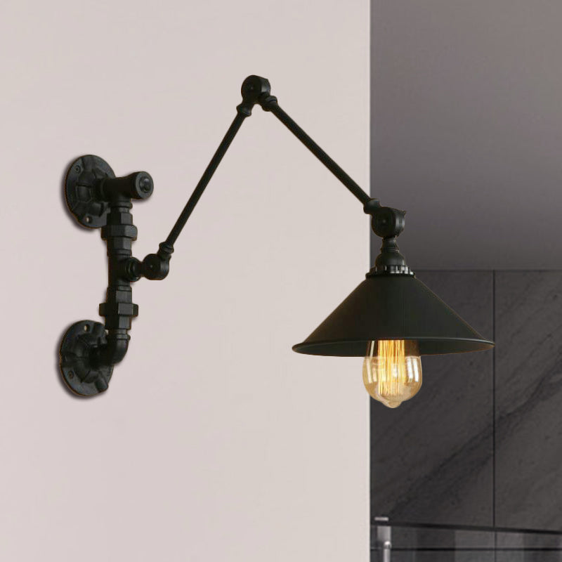 Frendorf | Swing Arm Schlafzimmer Wand Sconce Industrielles Metall 1 Licht Schwarze Wandmontage Lampe mit Kegelshade, 7"/8.5" Breit