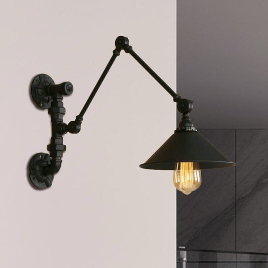 Frendorf | Swing Arm Schlafzimmer Wand Sconce Industrielles Metall 1 Licht Schwarze Wandmontage Lampe mit Kegelshade, 7"/8.5" Breit