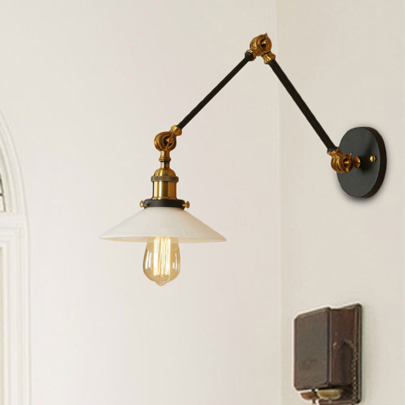 Frendorf | 1 Licht Schotel Schaduw Wandlamp Fixture Industriële Messing/Bronze Frosted Glas Wandlamp met Swing Arm