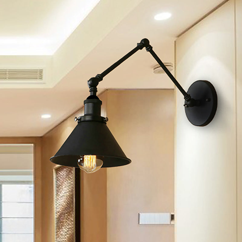 Frendorf | Metalen Swing Arm Wandlamp Industrieel 1 Lamp Studie Kamer Wand Sconces met Tapse Schaduw in Zwart