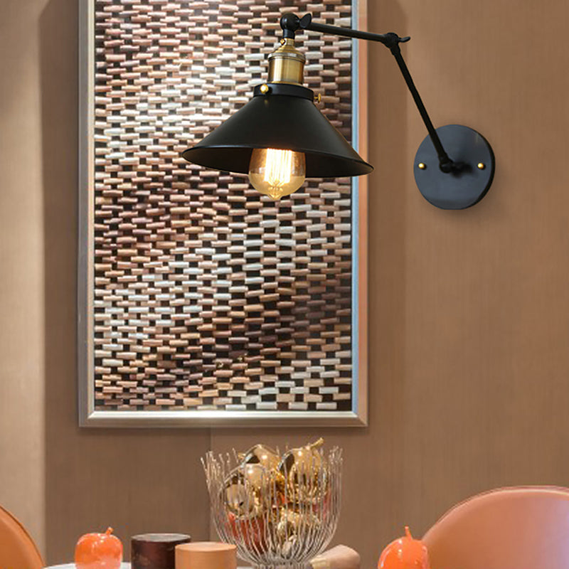 Frendorf | 1 Licht Conische Wandlamp Vintage Zwarte Afwerking Metalen Arm Verstelbare Wandverlichting voor Eettafel