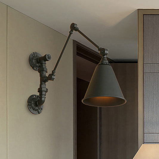Frendorf | Industrielle Schwenkarm Wandsockelleuchte 1 Licht Metall Wandlampe mit konischem Schirm in Schwarz für das Arbeitszimmer