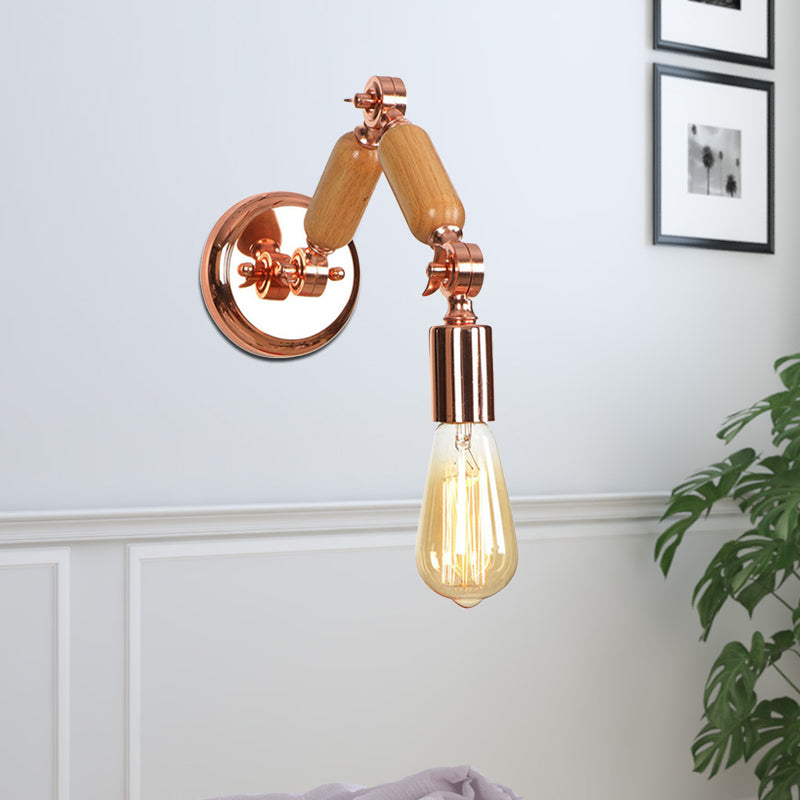 Frendorf | Houten Gewapende Wandlamp met Kale Gloeilamp Industriële Metaal 1 Hoofd Woonkamer Wandverlichting in Roségoud