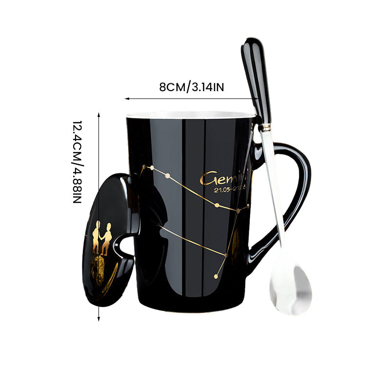 Frendorf | 12 Tierkreiszeichen Schwarze Keramiktasse mit Deckel Löffel
