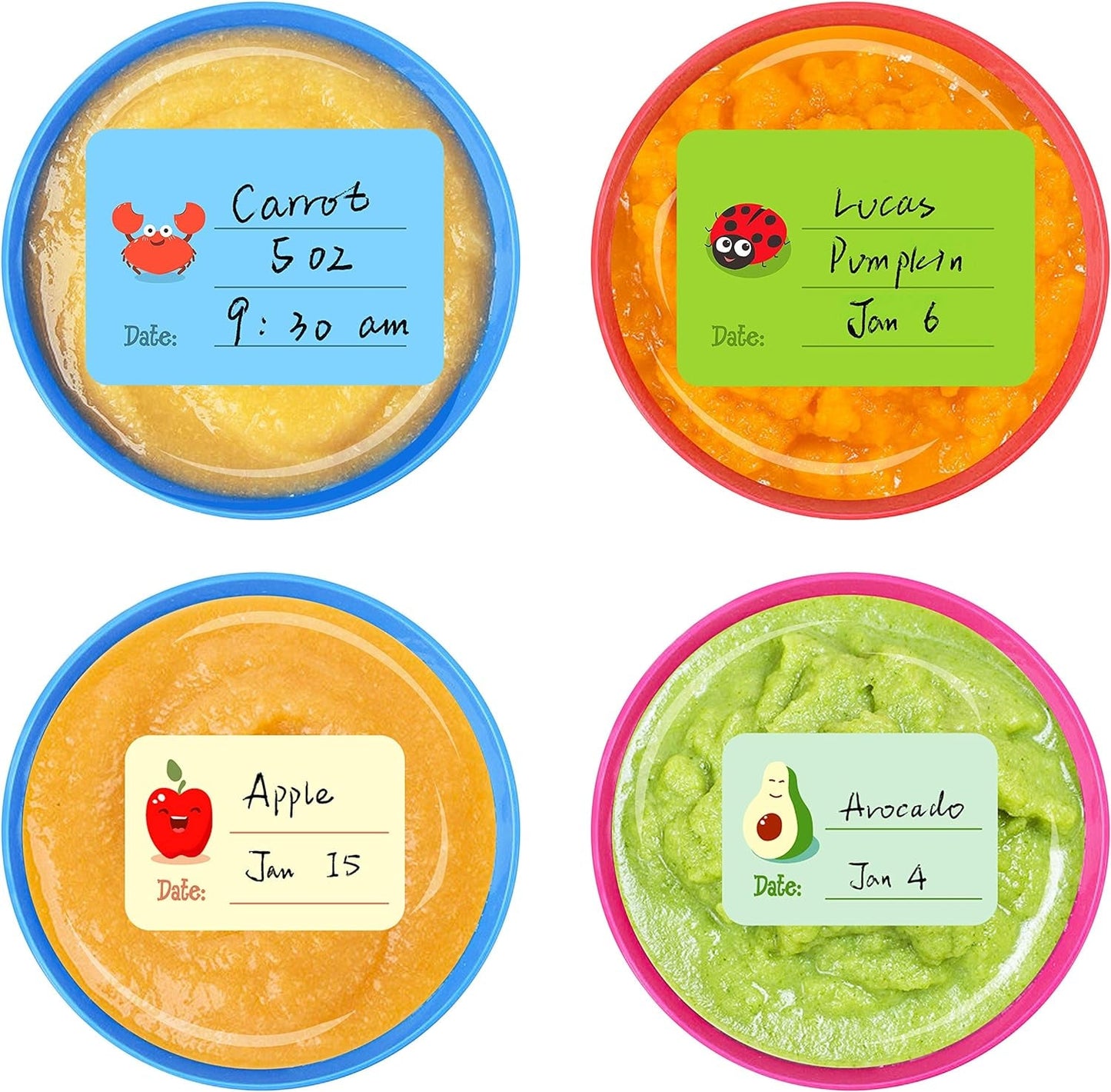Frendorf | 240 PCS Baby Lebensmittel Etiketten Set in 2 Größen und 45 Designs Wasserfest für Lebensmittelbehälter, Gläser