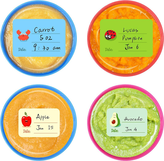 Frendorf | 240 PCS Baby Lebensmittel Etiketten Set in 2 Größen und 45 Designs Wasserfest für Lebensmittelbehälter, Gläser