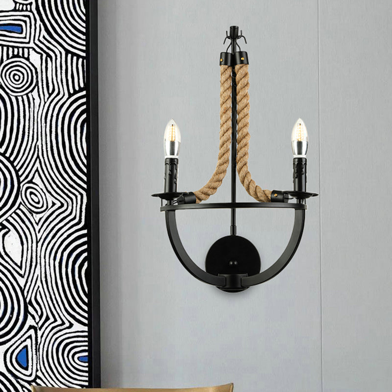 Frendorf | Loft Style Open Bulb Wandverlichting 2 Lichten Manila Touw en Metaal Wandlamp in Zwart voor Woonkamer