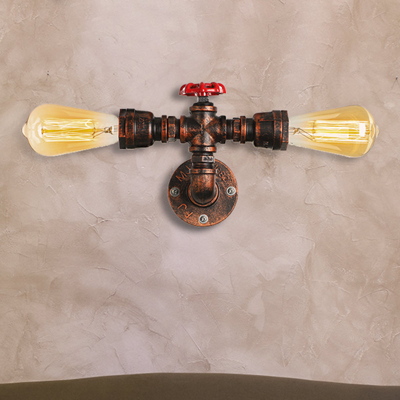 2 Lichter Wandleuchte im Warehouse-Stil Offene Glühbirne Metall Wandlampe mit Wasserhahn in Dunkelrost für Wohnzimmer
