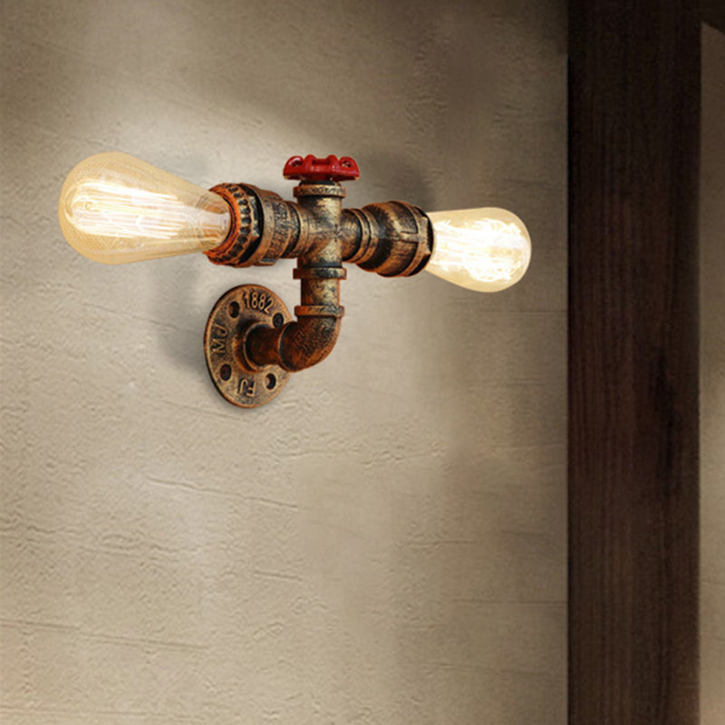 Frendorf | Bronze/Antiek Messing 2 Koppen Wandlamp Fixture Warehouse Style Smeedijzeren Kale Gloeilamp Sconcelamp met Pijp en Klep