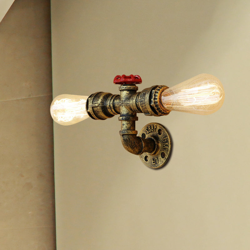 Frendorf | Bronze/Antiek Messing 2 Koppen Wandlamp Fixture Warehouse Style Smeedijzeren Kale Gloeilamp Sconcelamp met Pijp en Klep