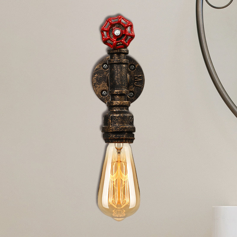 Frendorf | Metallische Bronze Wandleuchte Wasserrohr 1 Licht Bauernhaus Wandbeleuchtung mit rotem Ventil