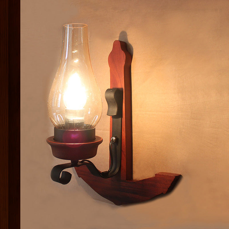 Frendorf | Vaas Porch Wandlamp Lichtarmatuur Industrieel Helder Glas Roodkleurige Wandlamp met Houten Achterplaat