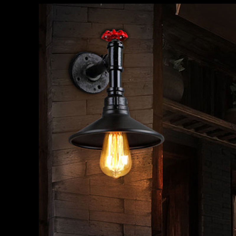Frendorf | 1 Kopf Metall Wandmontage Licht Vintage Industriell Schwarz Kegelschirm Esszimmer Wandbeleuchtung mit Rohrleitungen
