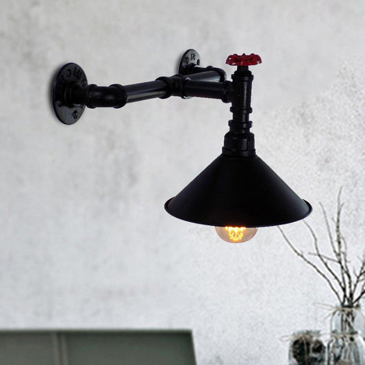 Frendorf | 1 Kopf Metall Wandmontage Licht Vintage Industriell Schwarz Kegelschirm Esszimmer Wandbeleuchtung mit Rohrleitungen