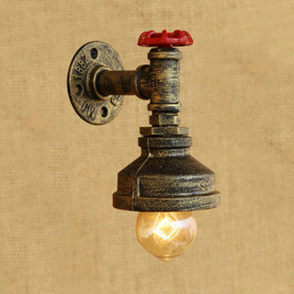 Frendorf | Wasserpfeife Metall Wandbeleuchtung Rustikaler Stil 1 Licht Restaurant Wandmontierte Lampe mit rotem Ventil in Bronze/Antike Messing