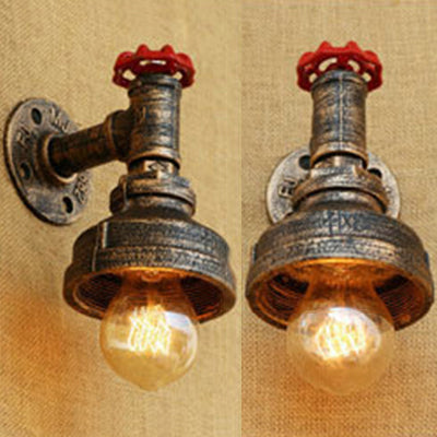 Frendorf | Wasserpfeife Metall Wandbeleuchtung Rustikaler Stil 1 Licht Restaurant Wandmontierte Lampe mit rotem Ventil in Bronze/Antike Messing