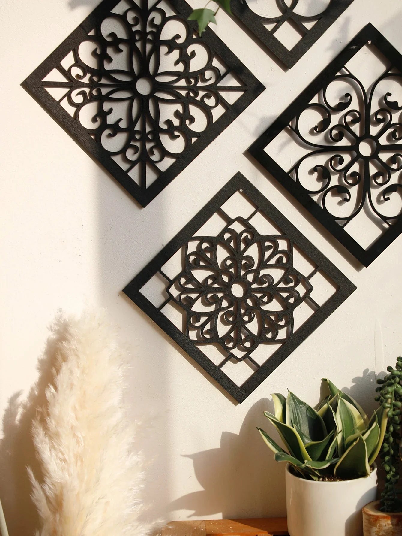 4 Stück Schwarze Holz Hohe Wand Dekor Ausgeschnittene Designs Boho Wohnkultur Hexagon Quadrat Hängende Wand Dekor Raum Dekorationen Ästhetik