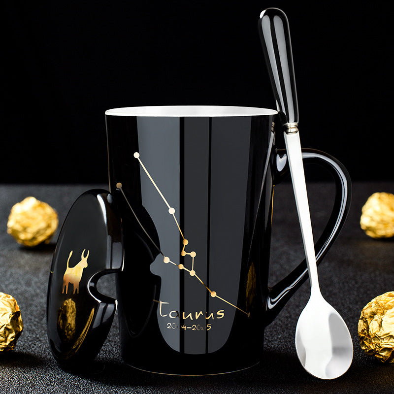 Frendorf | 12 Tierkreiszeichen Schwarze Keramiktasse mit Deckel Löffel