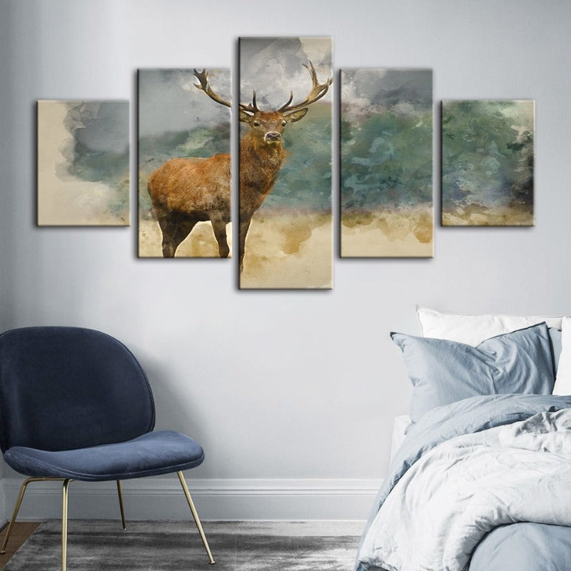5-teiliges Aquarell-Ebenholz-Reh - Leinwand Wandkunst Gemälde